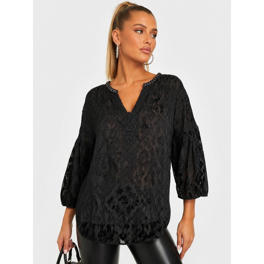 Hale Bob Black Silk Blend Burnout Velvet Geometric Blouse S